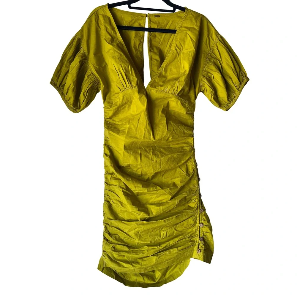 Free People Tastemaker Mini Buttondown V Neck Ruched Puff Sleeve Dress Small - Picture 3 of 12